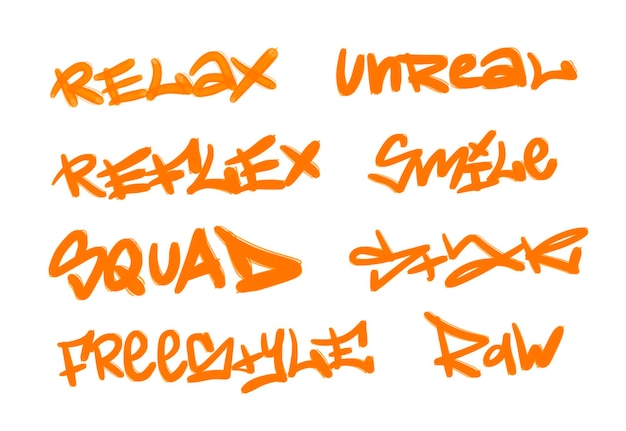 Foto coleção de etiquetas de arte de rua de graffiti com palavras e símbolos em cor laranja em branco