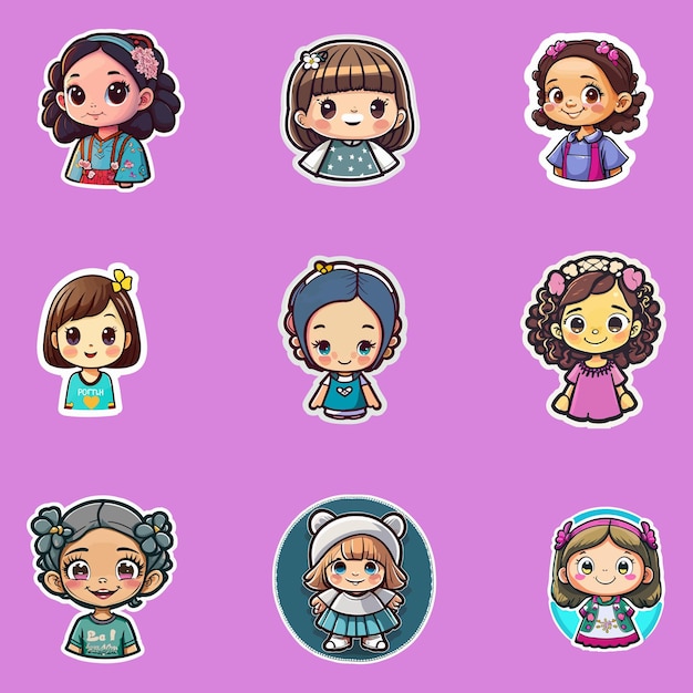 Coleção de figurinhas de garota fofa em desenhos animados