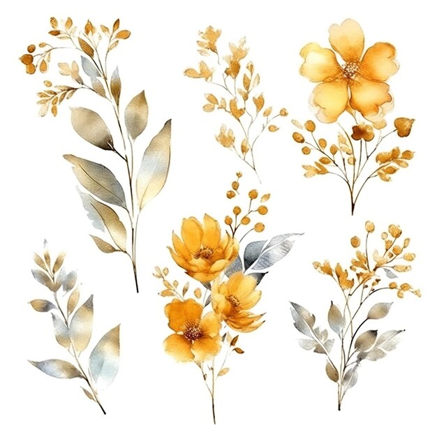 Coleção de flores e folhas botânicas douradas em fundo branco isolado