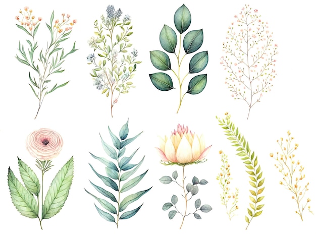 Coleção de flores em aquarela botânica para design inspirado na natureza generativa ai