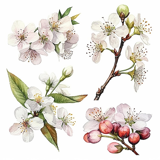 Coleção de folhas e flores aquarela Prunus Dulcis