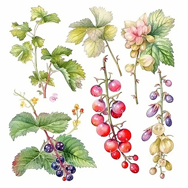 Coleção de folhas e flores aquarela Ribes Alpinum