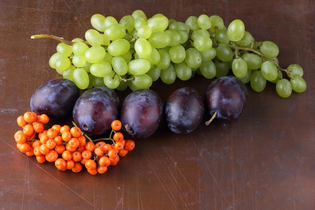Coleção de frutas cruas e orgânicas do jardim Grapes rowanberries e ameixas em um fundo escuro fechado