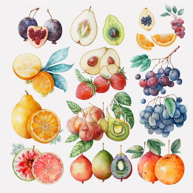 Foto coleção de frutas em aquarela bem delicadas cada fruta é um tipo diferente generative ai