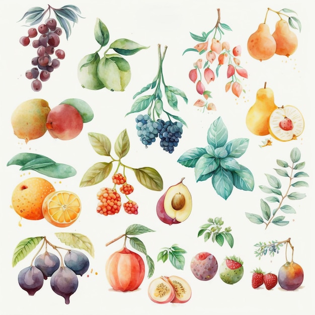 Coleção de frutas em aquarela bem delicadas Cada fruta é um tipo diferente Generative AI