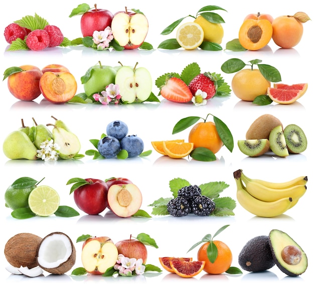 Coleção de frutas laranja maçã maçãs banana morango isolado em branco