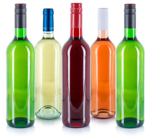 Coleção de garrafas de vinho seguidas bebida alcoólica branca rosa vermelha verde