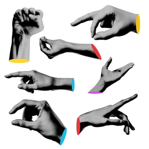 Coleção de gestos de mão de moda recorte abstrato elemento de colagem de meia-tona de mão para montagem de design