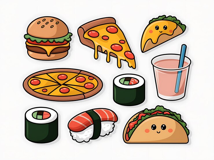 Foto coleção de itens de comida de desenho animado, incluindo pizza hambúrguer