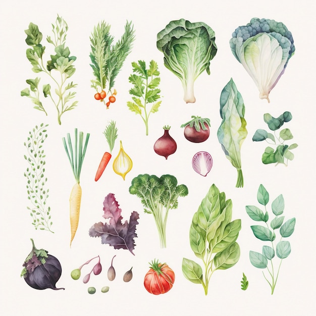 Foto coleção de legumes em aquarela bem delicados cada vegetal é um tipo diferente ia generativa