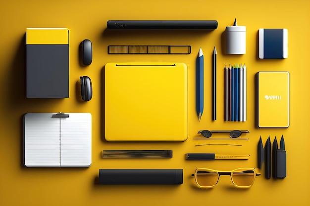 Coleção de material de escritório em fundo amarelo Mesa plana criativa