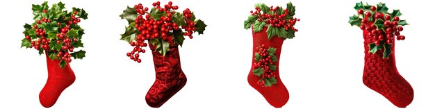 Coleção de meias vermelhas e plantas em fundo branco conceito de natal e ano novo