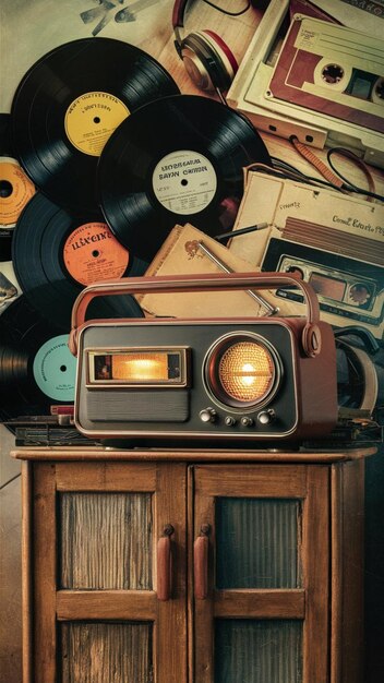 Coleção de música vintage com rádio retro e discos de vinil