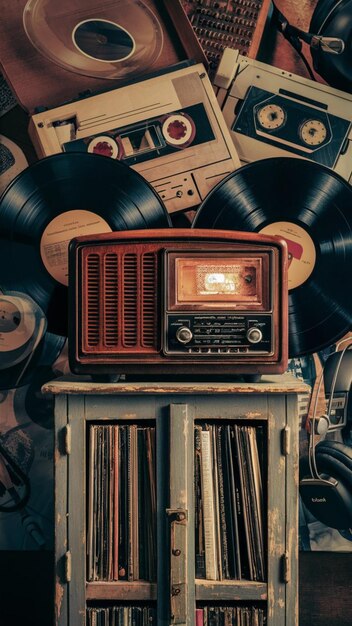 Coleção de música vintage com rádio retro e discos de vinil