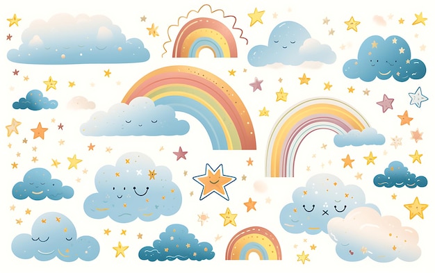 coleção de nuvens e estrelas de arco-íris