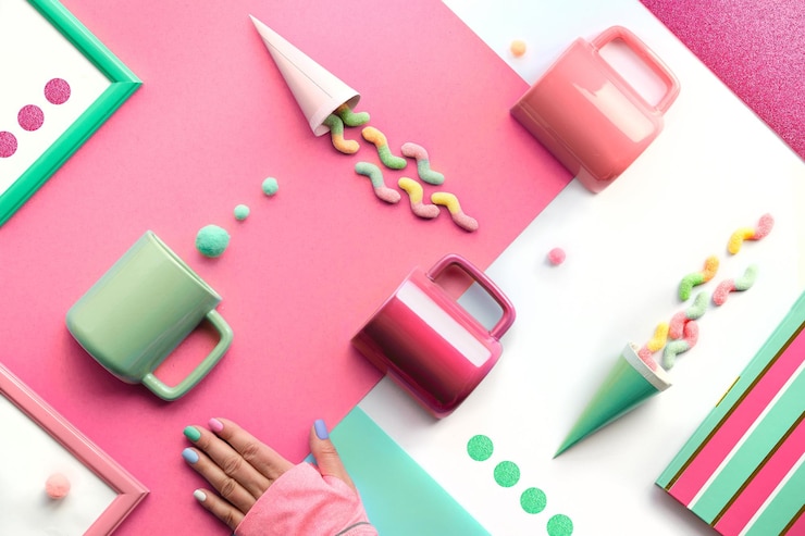 Coleção de objetos de festa em papel geométrico plano lay. Doces de redemoinho de chocolate, doces e pirulito arco-íris. Canecas de café em cerâmica. Fundo geométrico em camadas em negrito rosa e verde menta em branco.