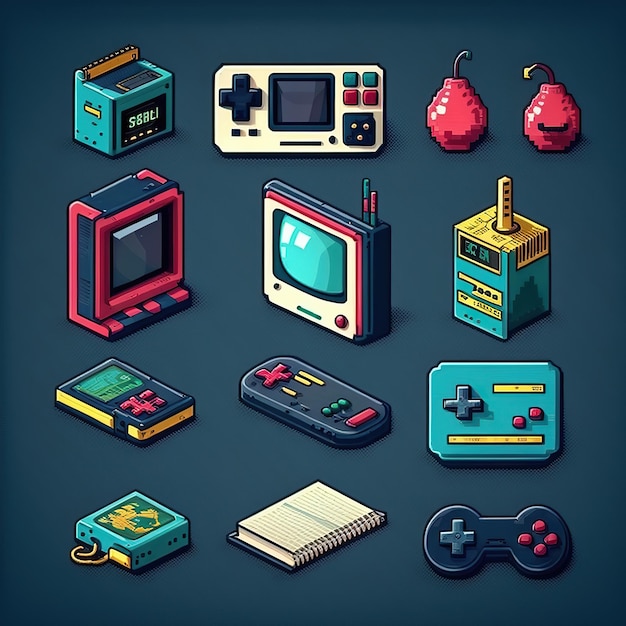 Coleção de objetos do ícone do jogo Pixel Art 16 bits 8 bits