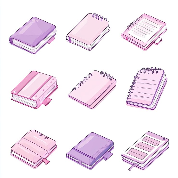 Foto coleção de oito notebooks rosa e púrpura com diferentes encadernações e características