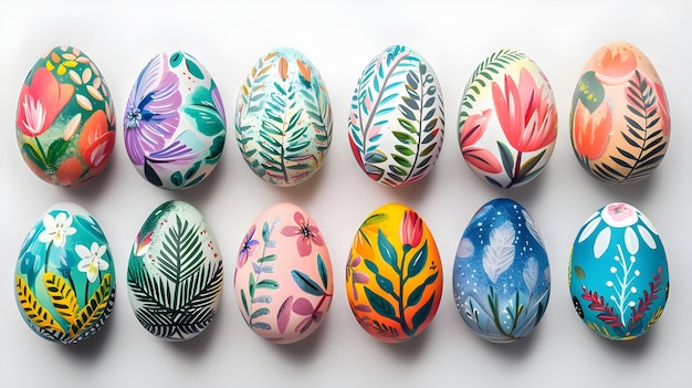 Coleção de ovos de Páscoa coloridos e decorados pintados à mão sobre fundo branco