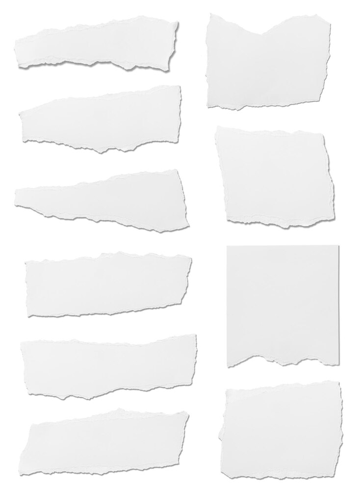 Foto coleção de pedaços de papel rasgados brancos em fundo branco cada um é filmado separadamente