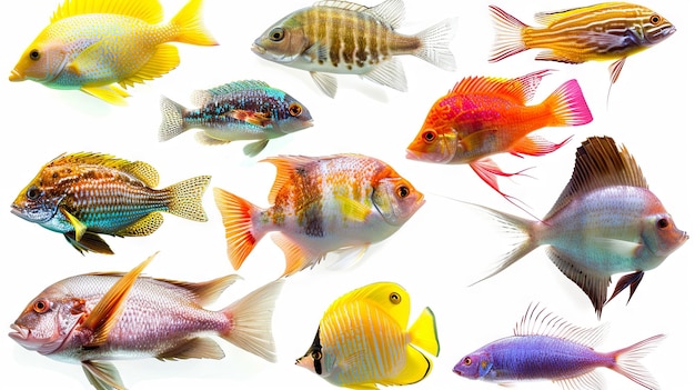 Foto coleção de peixes tropicais coloridos isolados em fundo branco