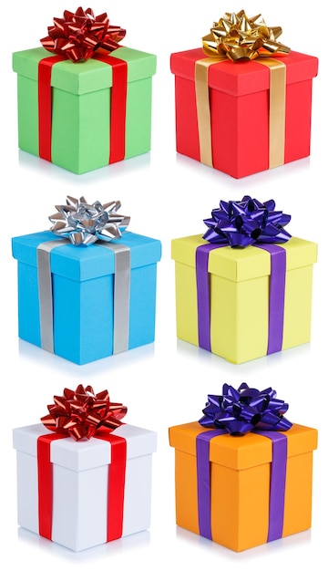Coleção de presentes de aniversário caixas de formato de retrato de presentes de natal isoladas em branco