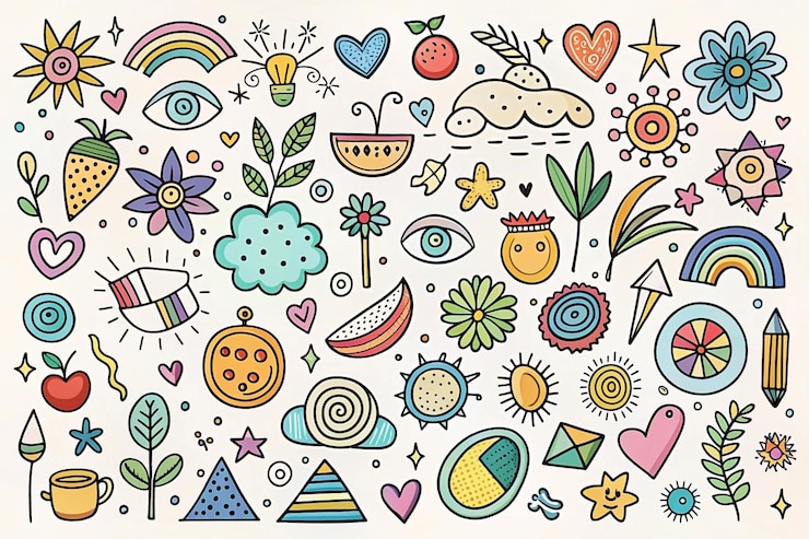 Foto coleção de rabiscos coloridos com várias formas, objetos e símbolos