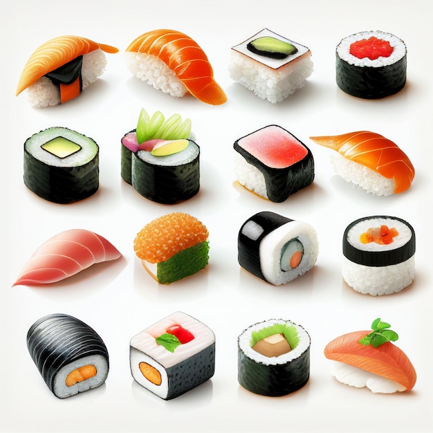 Coleção de rolos de sushi com cru fresco em fundo branco Criado com tecnologia Generative AI