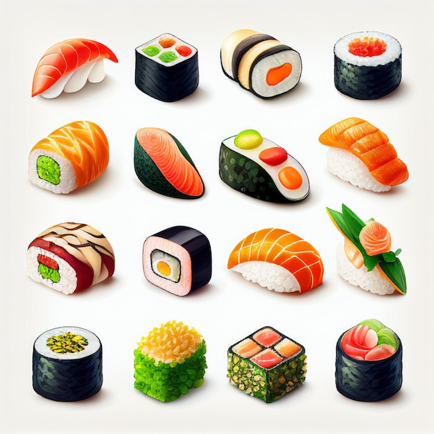 Foto coleção de rolos de sushi com cru fresco em fundo branco criado com tecnologia generative ai