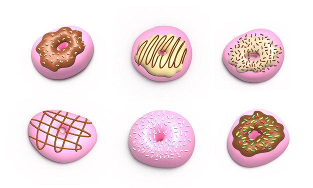 Coleção de rosquinhas rosa vitrificadas Conjunto de elementos de design realista 3d Rosquinhas de comida doce com polvilho