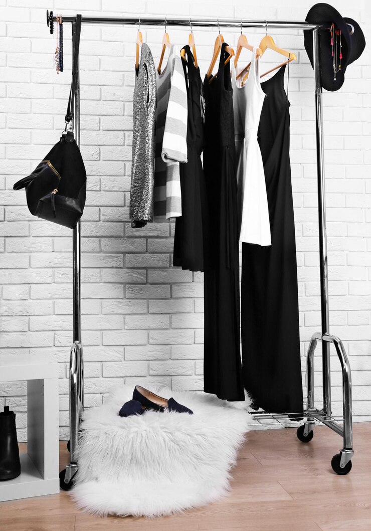 Foto coleção de roupas masculinas e femininas penduradas em um rack