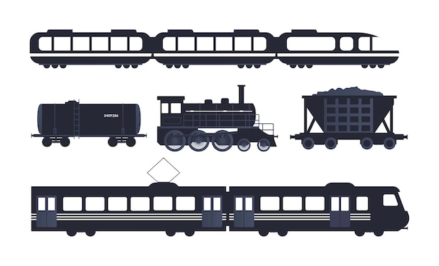 Coleção de silhuetas de trens vintage Silhueta de vagões de locomotivas ferroviárias com passageiros cisternas de carga ilustração vetorial isolada em fundo branco