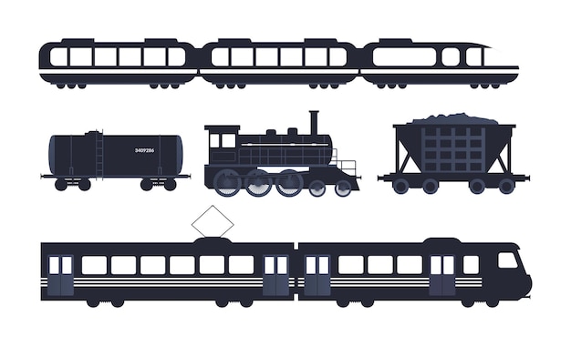 Coleção de silhuetas de trens vintage silhueta de vagões de locomotivas ferroviárias com passageiros cisternas de carga ilustração vetorial isolada em fundo branco