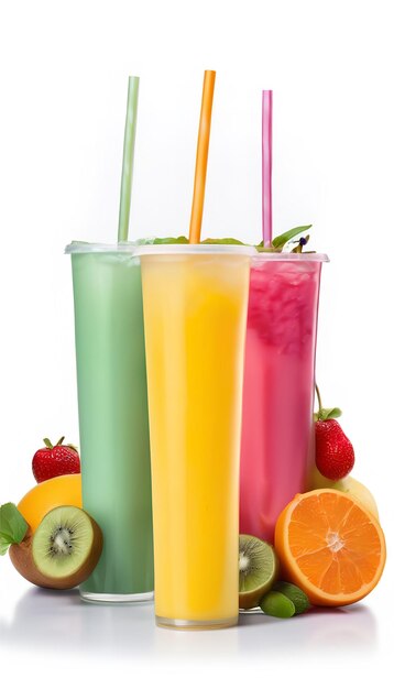 Foto coleção de sucos de frutas smoothies frutas laranja palha beber saudável comer bebida em copos