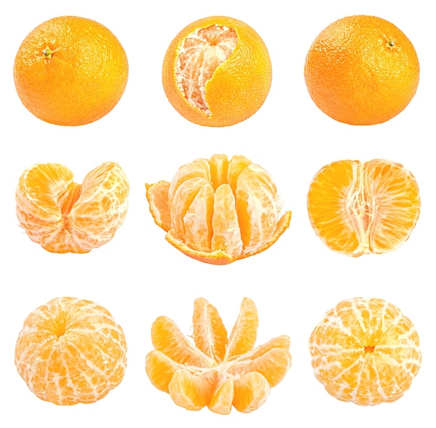 Coleção de tangerinas frescas isoladas em fundo branco Conjunto de múltiplas imagens Parte da série