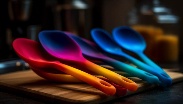 Coleção de utensílios de cozinha de cores vibrantes em mesa de madeira gerada por IA