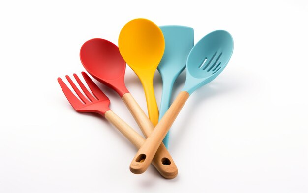 Coleção de utensílios de cozinha de silicone coloridos em fundo branco