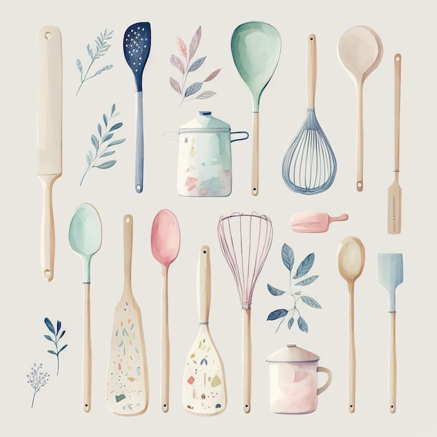 Foto coleção de utensílios de cozinha em aquarela bastante delicados cada utensílio de cozinha é um tipo diferente ia generativa
