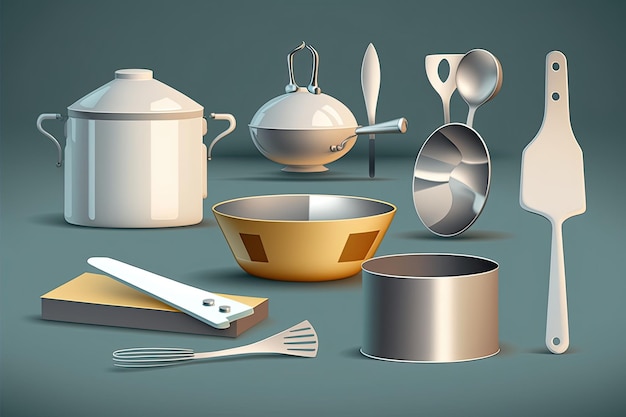 Coleção de utensílios de cozinha na mesa ilustração vetorial Feito por inteligência artificial AI