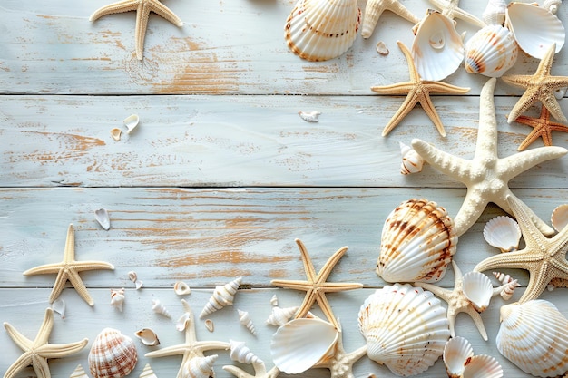 coleção de várias conchas e estrelas-do-mar em branco pintado fundo de madeira vista superior com cópia sp