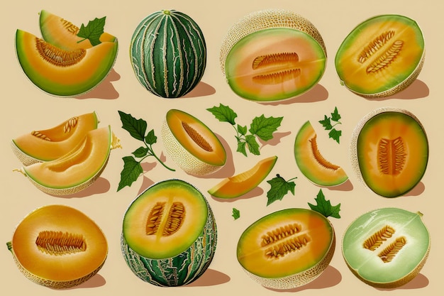 Coleção de várias fatias de melão fresco em fundo pastel Ilustração Desenho de frutas de verão