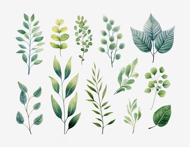 Coleção de várias folhas verdes em aquarela em fundo branco