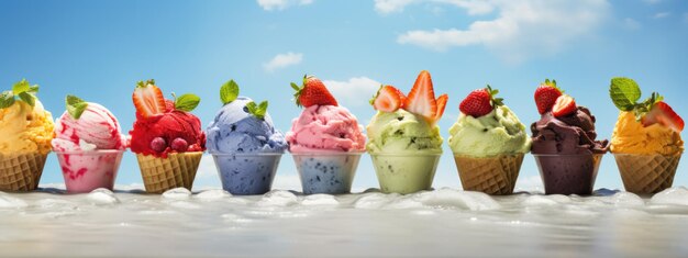 Coleção de vários deliciosos sorvetes Lolly cones de gelo com diferentes chocolates de frutas de cobertura