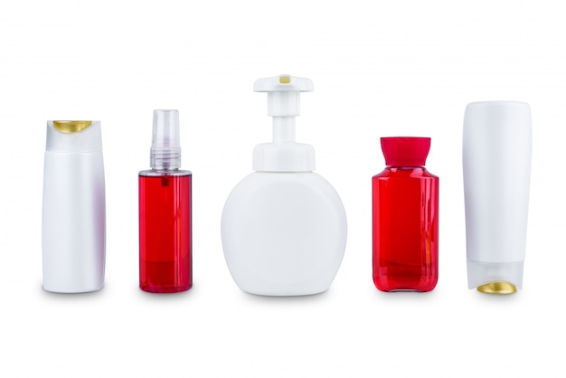 Foto coleção de vários recipientes de higiene cosméticos de beleza garrafa plástica com hidratação corporal isolada