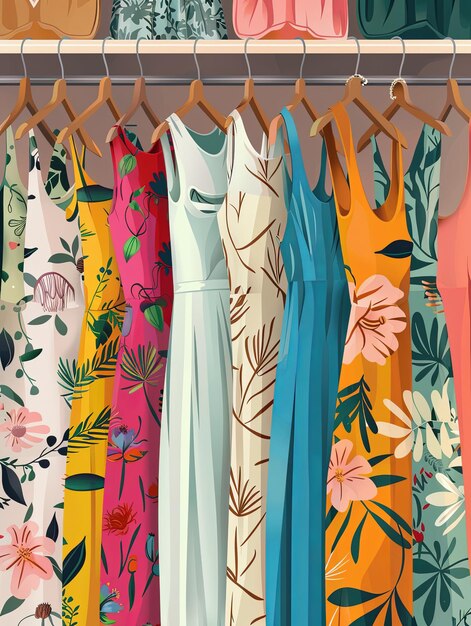 Foto coleção de vestidos e camisas cuidadosamente exibidos em cabides em uma sala de exposições de moda ai gerativa
