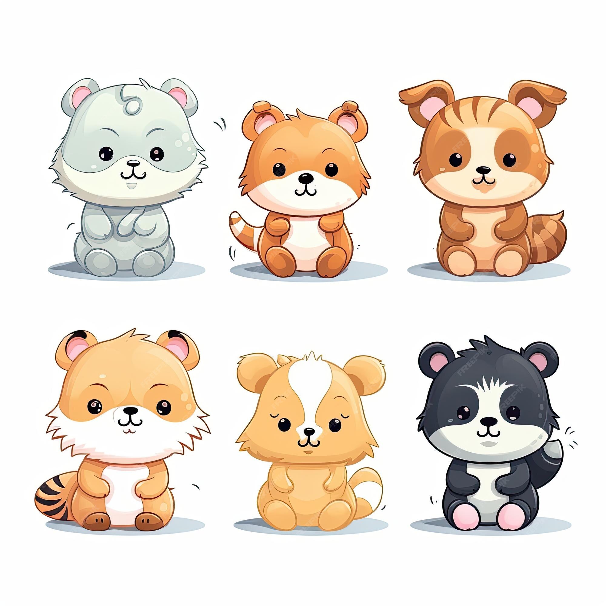 Pequenos animais sentados personagens do zoológico kawaii animal fofo com  sorriso feliz conjunto vetorial de personagens ilustração de desenho  animado animal gráfico isolado kawaii