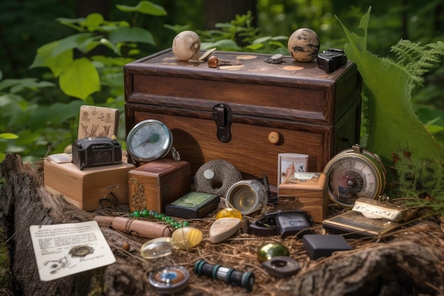 Foto coleção diversificada de tesouros de geocaching, cada um com sua própria história única criada com ia generativa