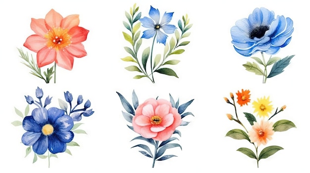 Foto coleção em aquarela de flores do azerbaijão em um fundo branco limpo generative ai