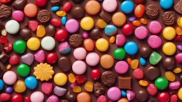 Coleção mista de doces coloridos em fundo colorido plano colocou quadro de vista superior de chocolate colorido