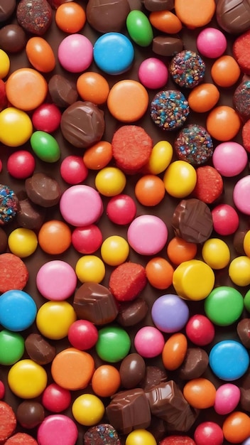 Coleção mista de doces coloridos em fundo colorido plano colocou quadro de vista superior de chocolate colorido